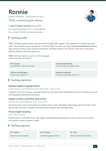 First page of the English teaching CV